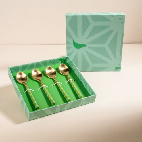Green Tulukka Dessert Spoon Set | Handcrafted Brass