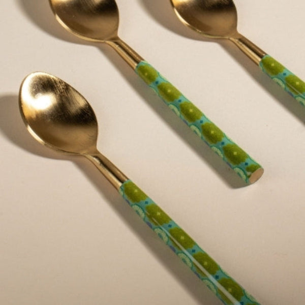 Green Tulukka Dessert Spoon Set | Handcrafted Brass