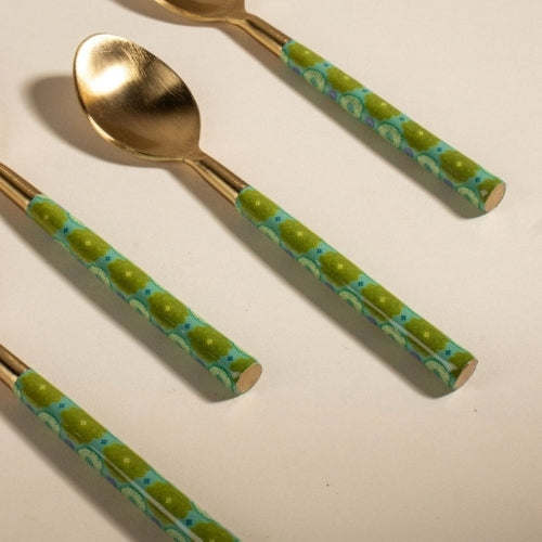 Green Tulukka Dessert Spoon Set | Handcrafted Brass