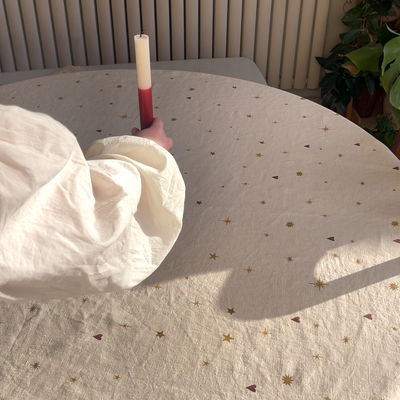 Celestial linen tablecloth with stars and hearts