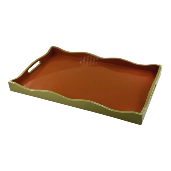 Alice Rectangular Tray, Green with Wavy Orange Edge, 52 x 32 cm