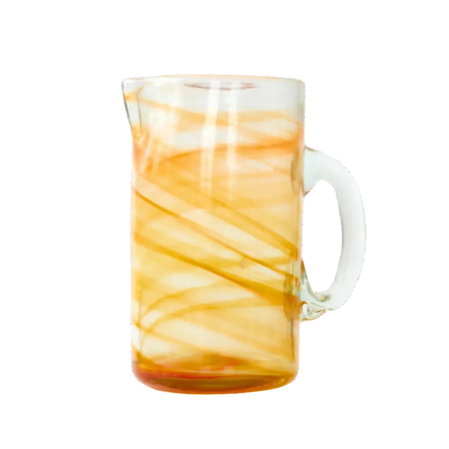 A clear glass pitcher with a white handle, decorated with diagonal bands of orange and yellow marbled swirls, isolated on a white background.
