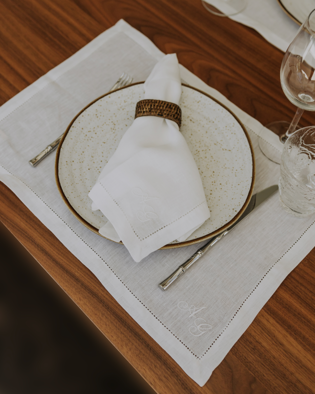Personalised White Linen Placemat with Openwork Stitching