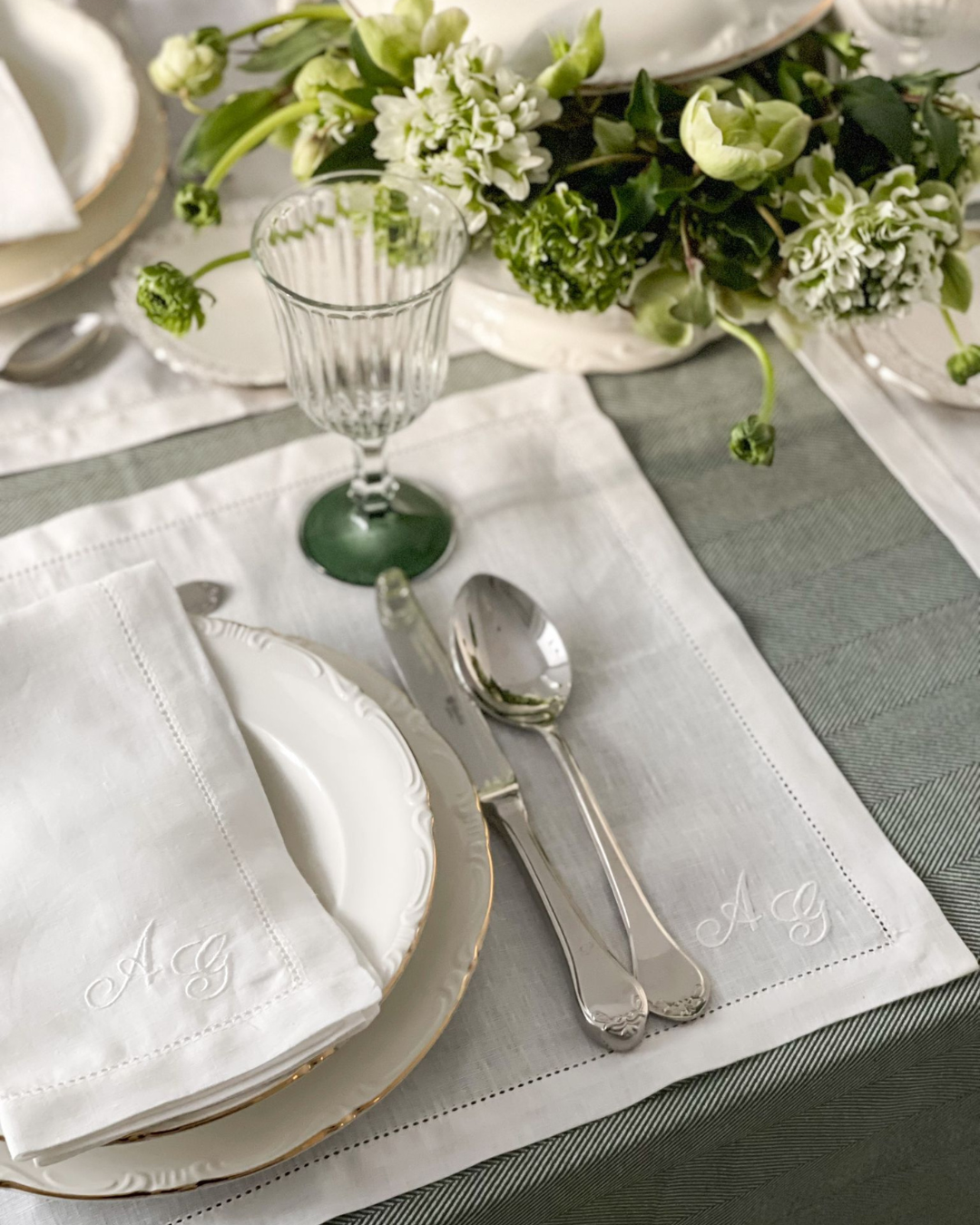 Personalised White Linen Placemat with Openwork Stitching