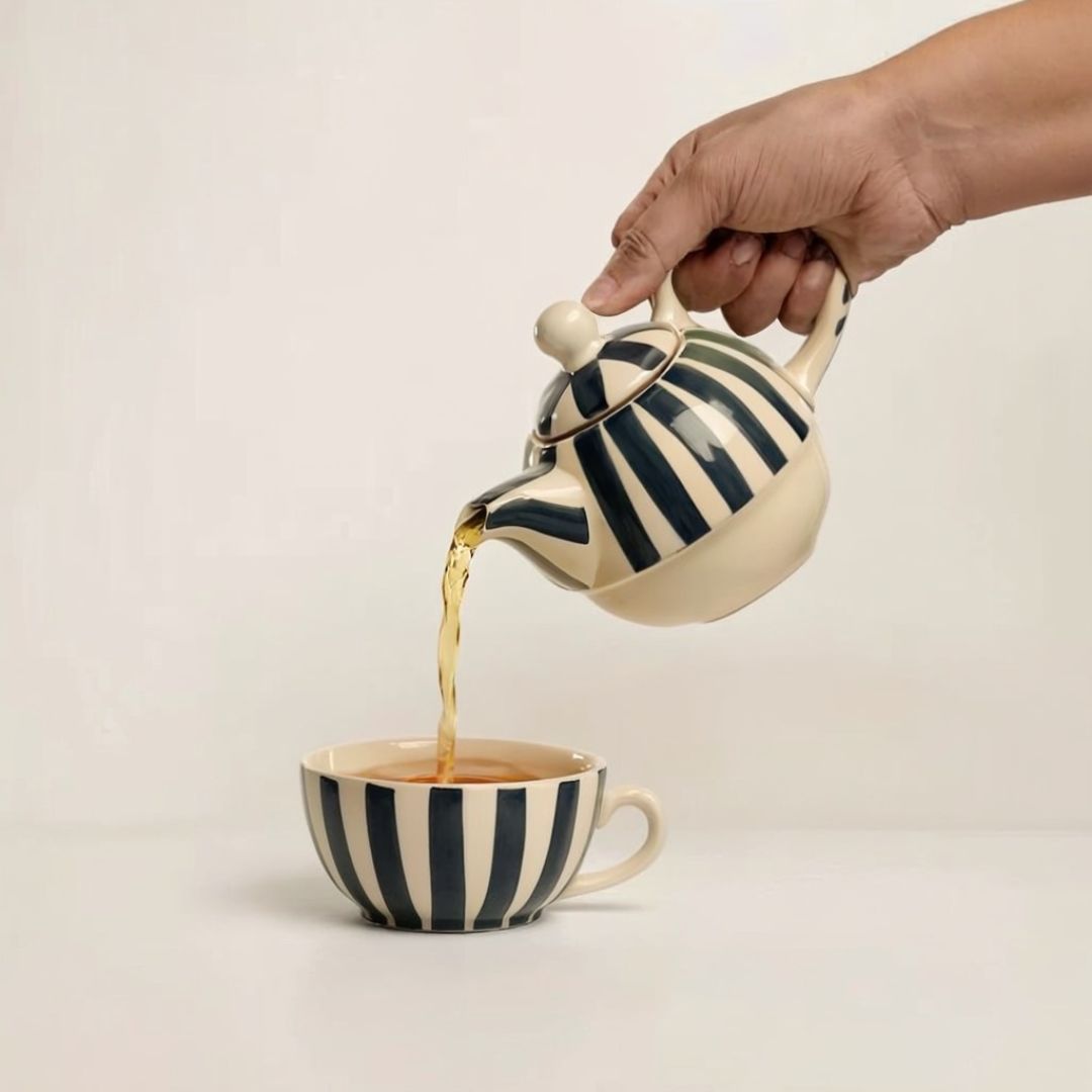 Teal Striped Kettle & Cup Set | Handpainted Ceramic | 8 in