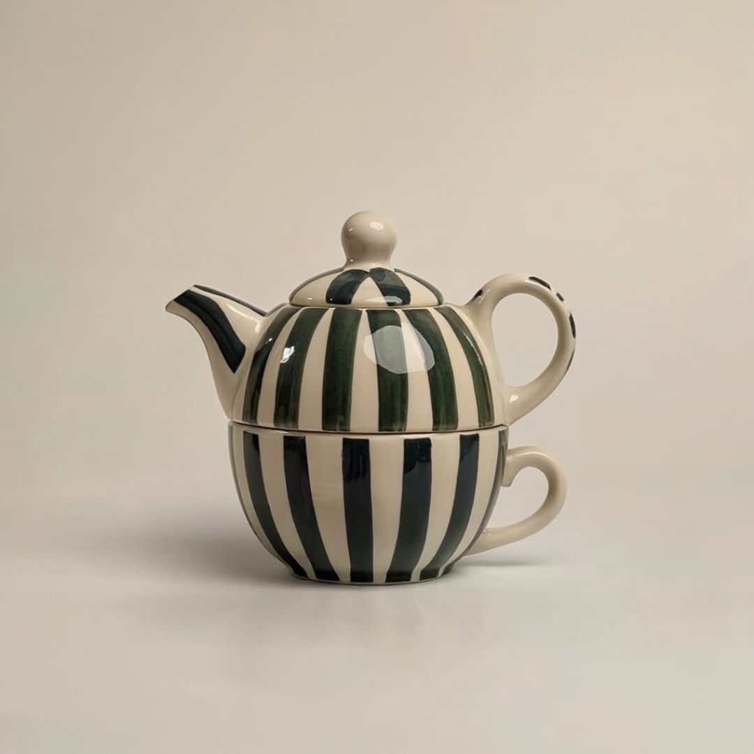 Teal Striped Kettle & Cup Set | Handpainted Ceramic | 8 in