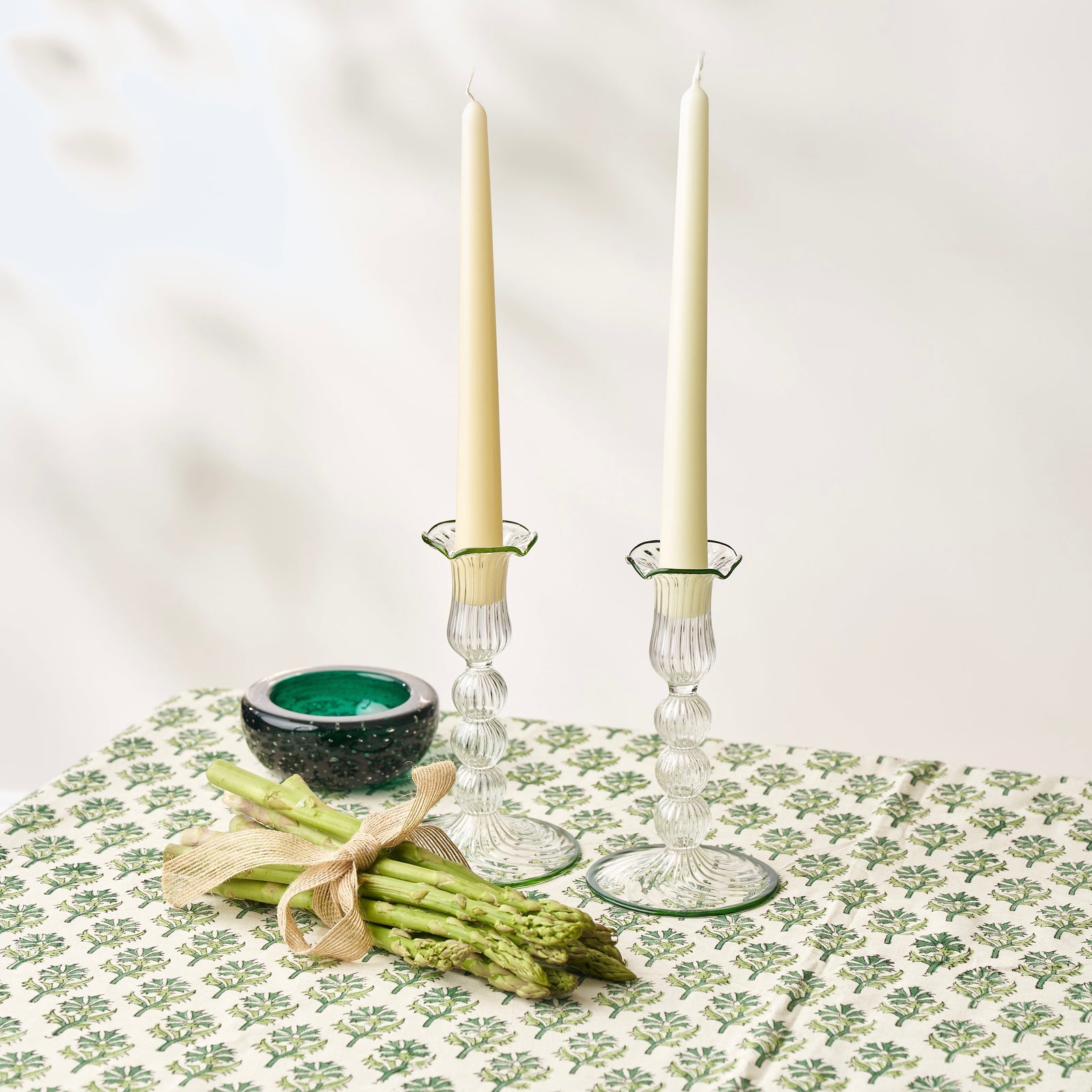 Green Rimmed Glass Pompom Candlestick (set of 2)