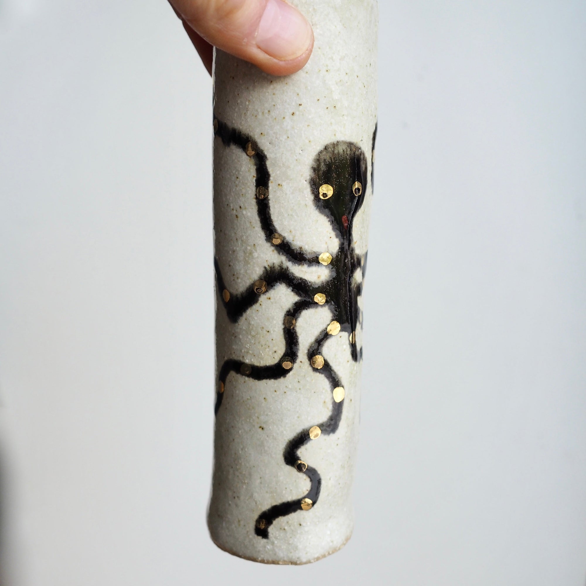 Handmade Pottery Octopus Cylinder Vases With Gold Lustre.