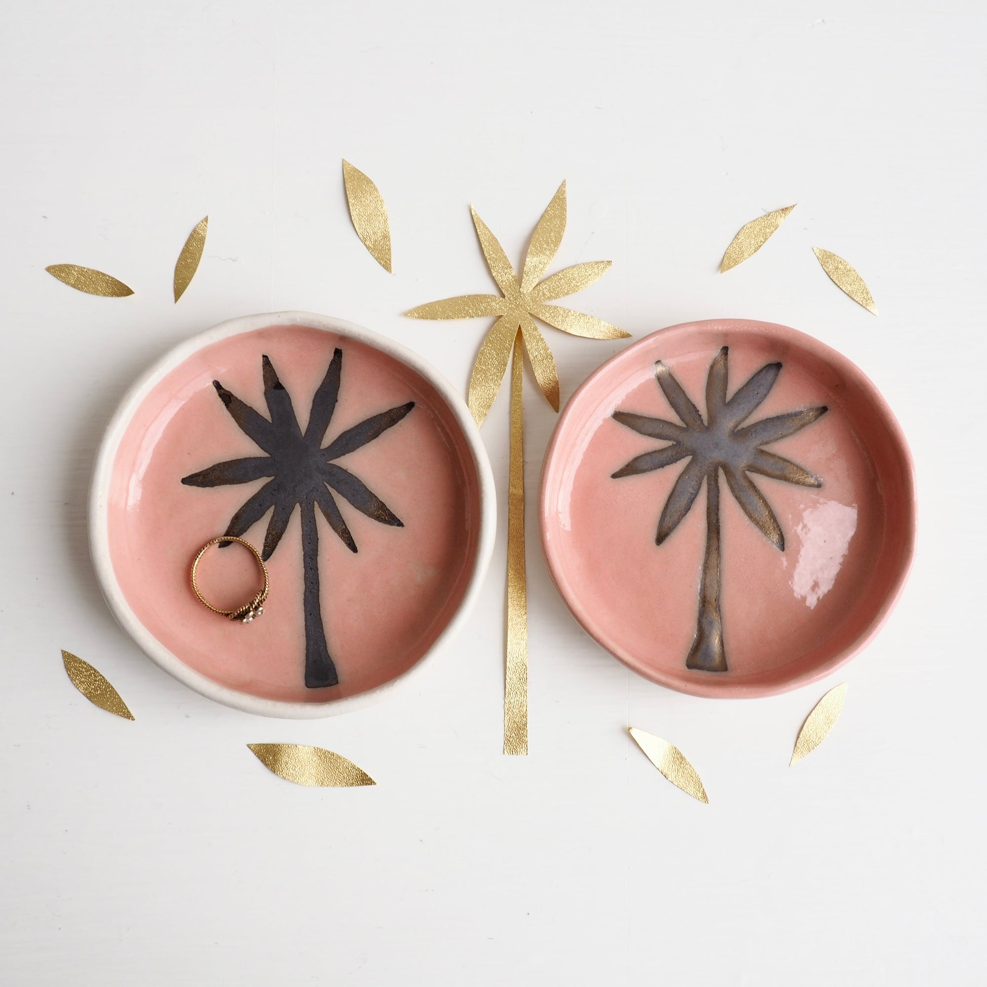 Handmade Pink And Gold Ceramic Palm Tree Ring Dish