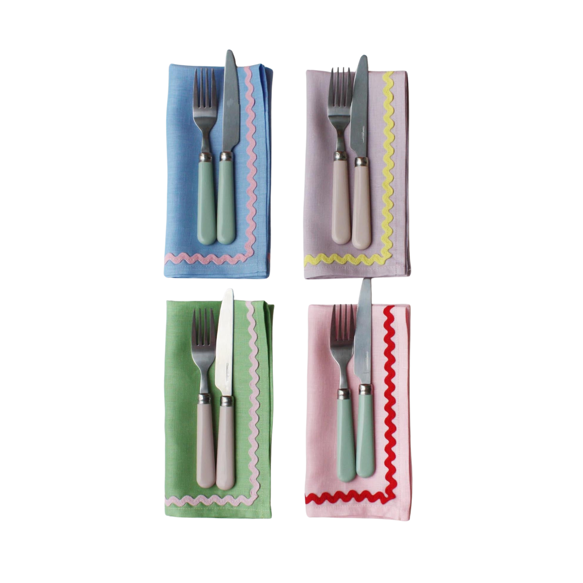 Linen Blue & Coral Ric-Rac Napkin Set of 2