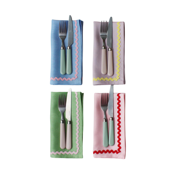 Linen Blue & Coral Ric-Rac Napkin Set of 2