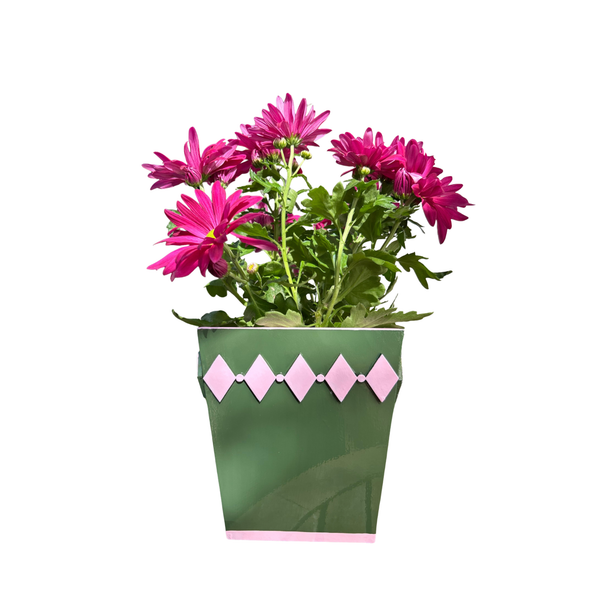 Dark Green Diamond Style Planter with Pink Edge