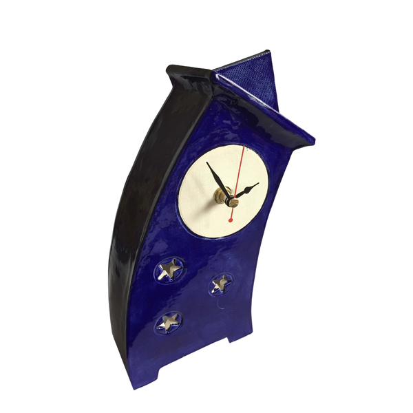 Wonky Ceramic Clock for Desk, Shelf, Mantel, Table royal blue glaze
