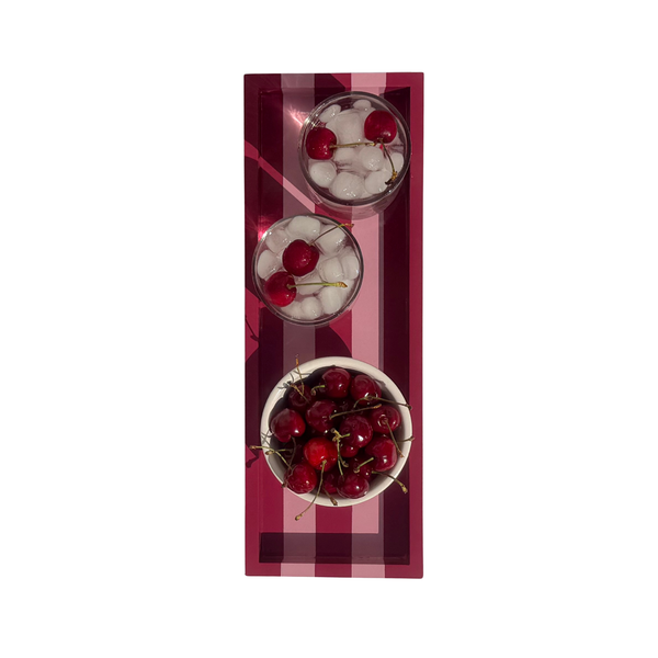 Hand-painted Striped Wooden Serving Tray | Lacquer Drinks Tray 40cm — Raspberry & Blush Pink