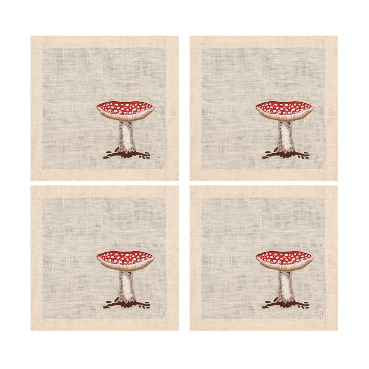 Hand Embroidered Mushroom Muse Cocktail Napkins 6" x 6" (Set of 4)