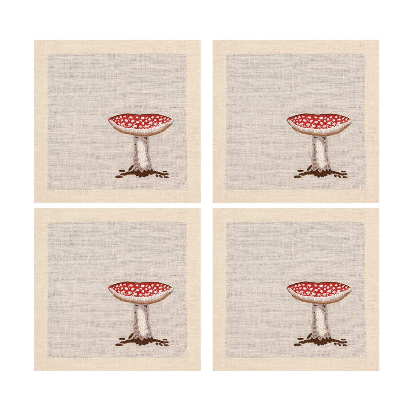 Hand Embroidered Mushroom Muse Cocktail Napkins 6" x 6" (Set of 4)