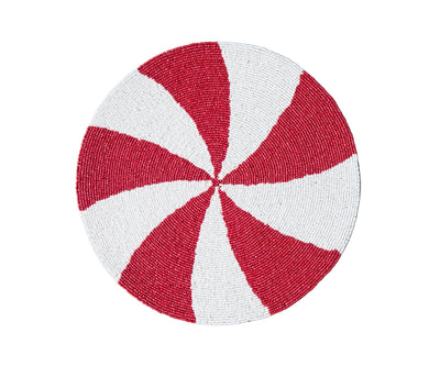 A round placemat with a striped pattern in red and white, adorned with glass beads and a black velvet backing.