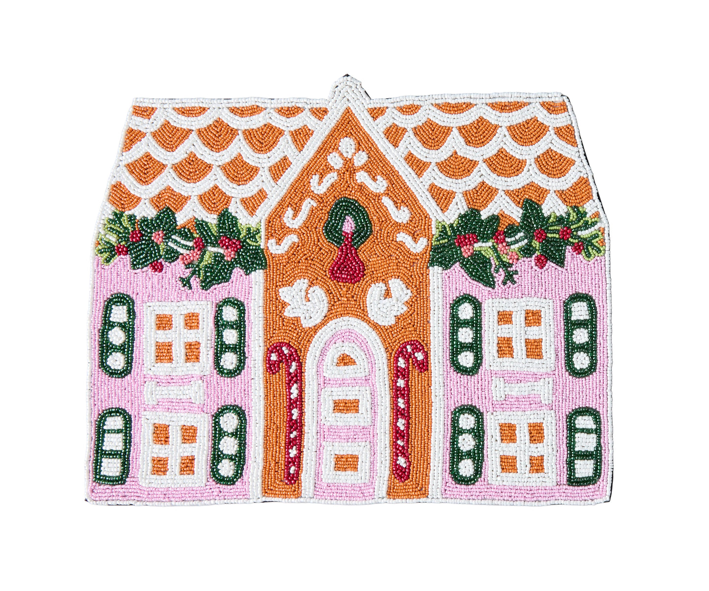 A handcrafted gingerbread house beaded placemat with intricate glass beads and a black velvet backing, featuring a festive design with a gingerbread house motif.