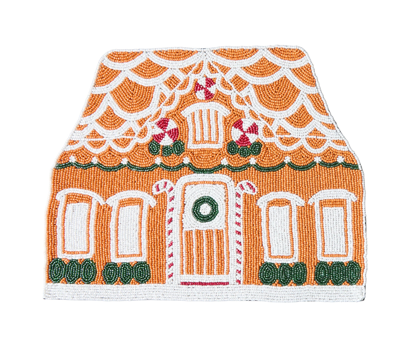 Hand-beaded gingerbread house placemat with white icing trim, peppermint candies and a wreath on the door