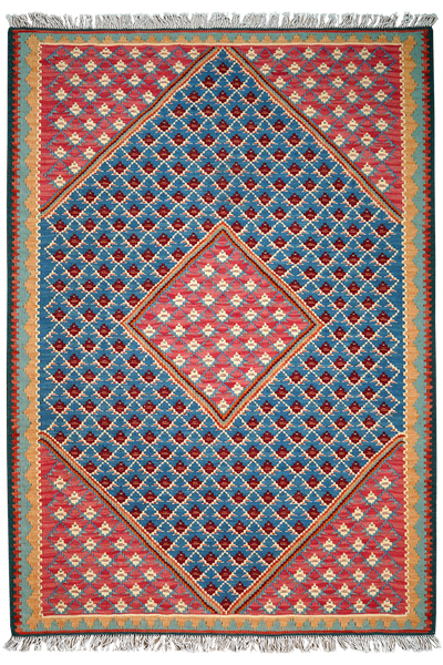 Kelim Senneh — Handmade, 105x150 cm, Blue, 100% Virgin Wool | Main view