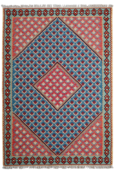 Kelim Senneh — Handmade, 107x156 cm, Blue, 100% Virgin Wool | Main view