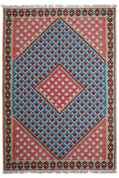 Kelim Senneh — Handmade, 107x156 cm, Blue, 100% Virgin Wool | Main view
