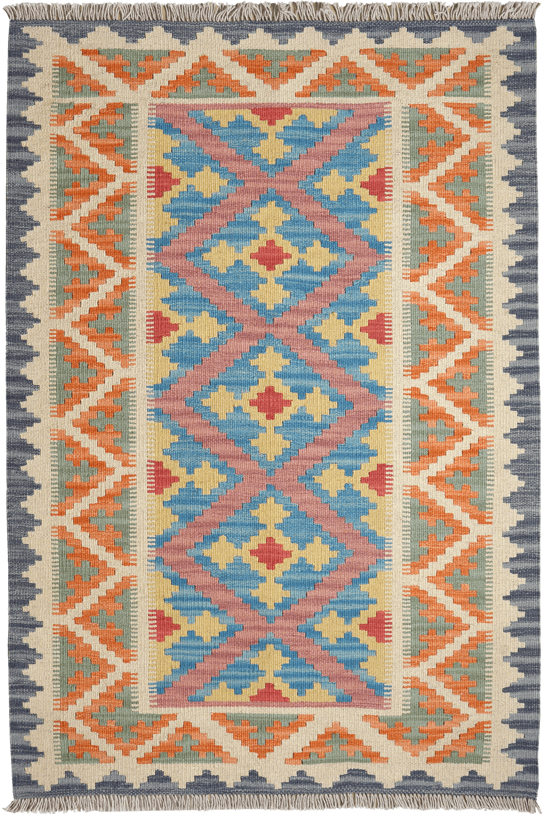 Kelim Gashgai — Handmade, 102x147 cm, Blue, 100% Virgin Wool | Main view