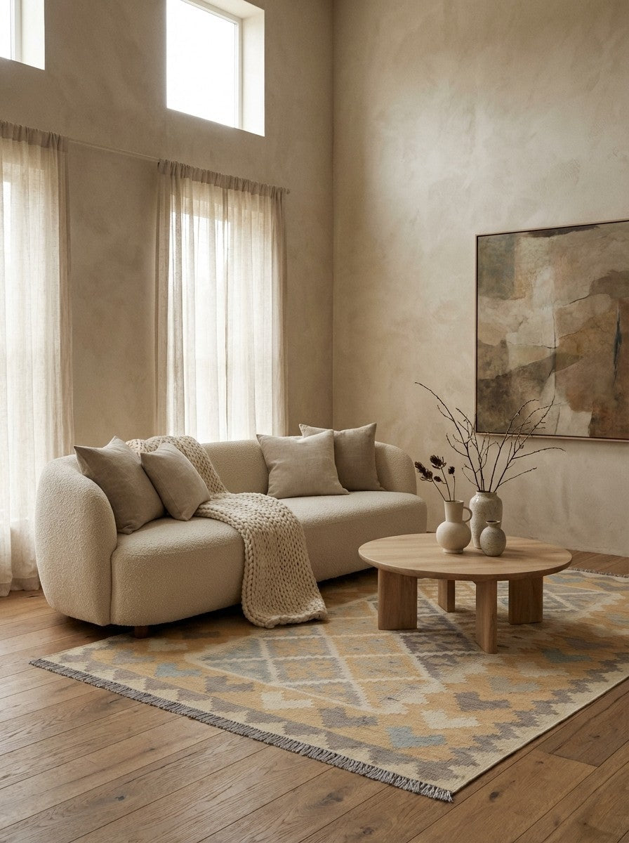 Kelim Gashgai · Handgewebt – Beige, 176x124 cm, 100% Schurwolle | Detailansicht