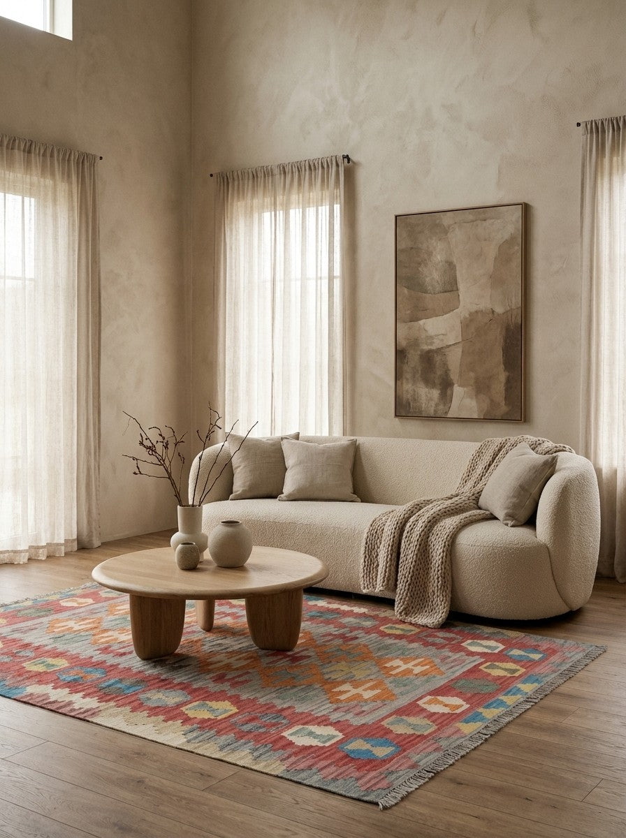Kelim Gashgai — Handmade, 150x192 cm, Grey, 100% Virgin Wool | Detail view