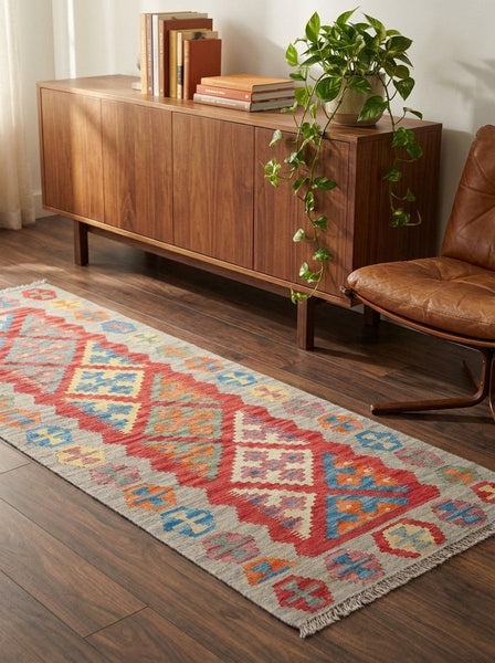 Kelim Gashgai — Handmade, 84x200 cm, Red, 100% Virgin Wool | Back view