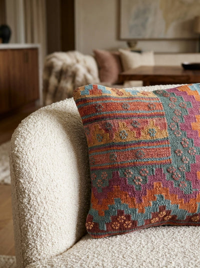 Kelim Kissen — Handmade, 40x40 cm, Multicolor, 100% Virgin Wool | Detail view