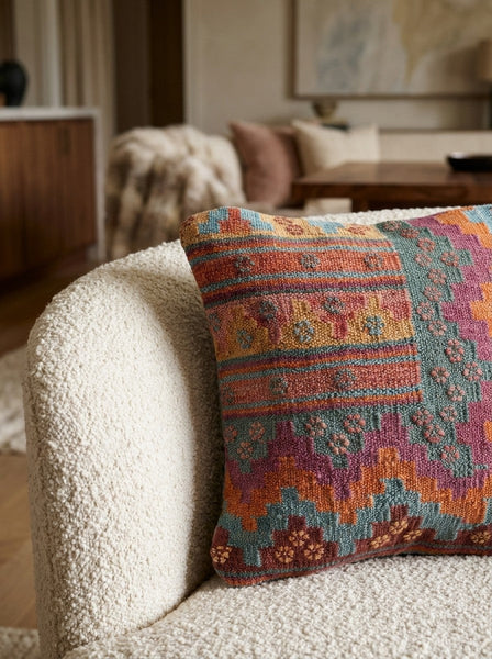 Kelim Kissen — Handmade, 40x40 cm, Multicolor, 100% Virgin Wool | Detail view