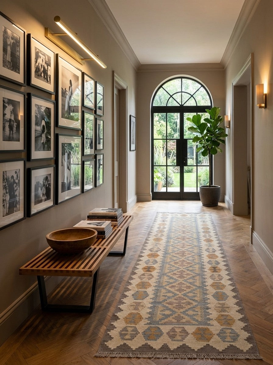 Kelim Gashgai · Handgewebt – Grau, 300x81 cm, 100% Schurwolle | Detailansicht