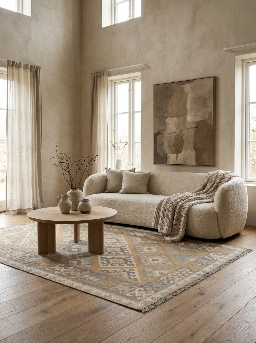 Kelim Gashgai · Handgewebt – Gelb, 247x182 cm, 100% Schurwolle | Detailansicht