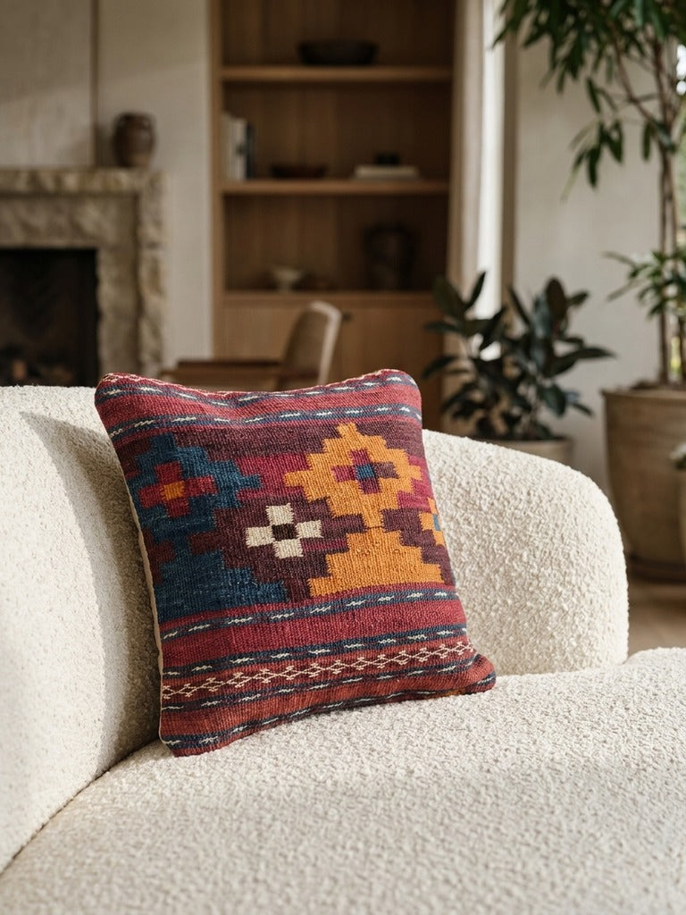 Kelim Kissen – Bunt, 40x40 cm, 100% Schurwolle | Detailansicht