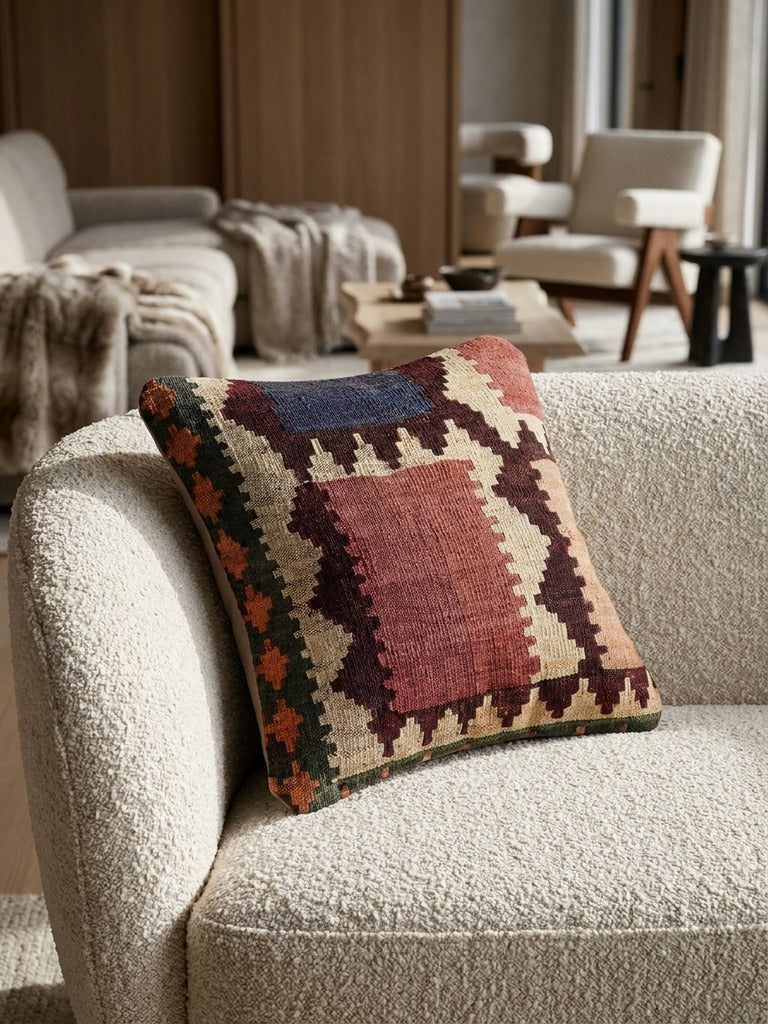 Kelim Kissen – Bunt, 40x40 cm, 100% Schurwolle | Detailansicht