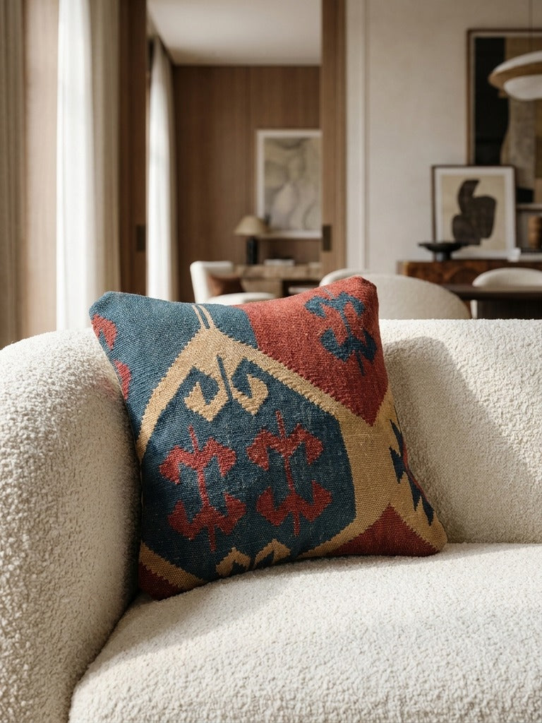 Kelim Kissen – Bunt, 40x40 cm, 100% Schurwolle | Detailansicht