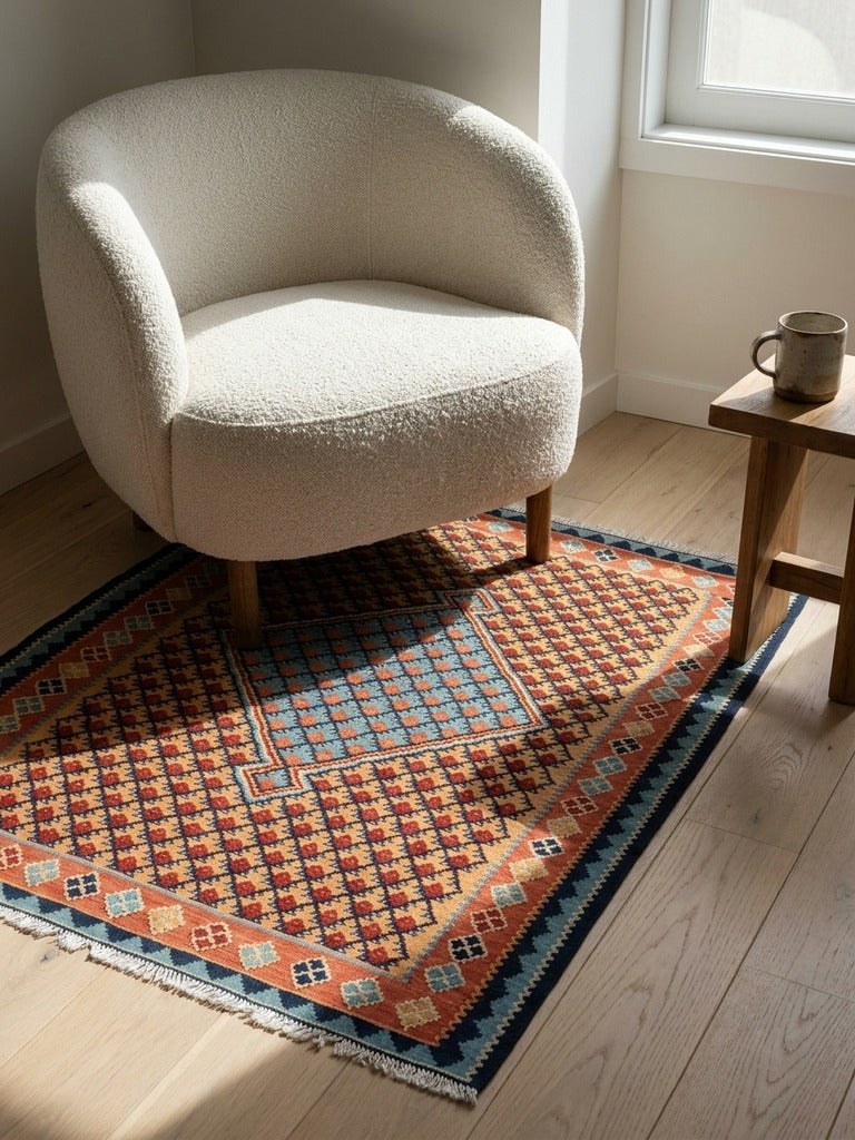Kelim Senneh — Handmade, 105x148 cm, Beige, 100% Virgin Wool | Detail view