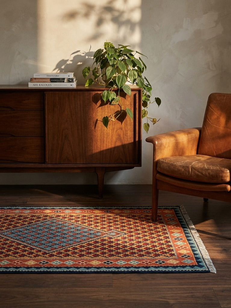 Kelim Senneh — Handmade, 105x148 cm, Beige, 100% Virgin Wool | Back view