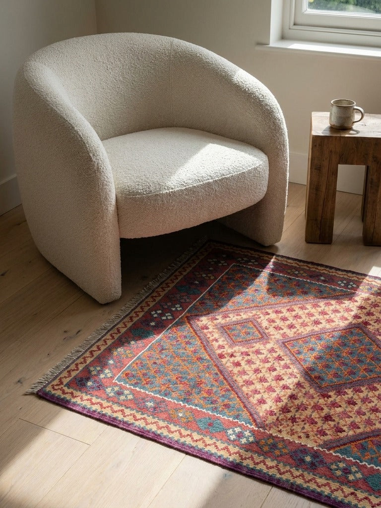 Kelim Senneh — Handmade, 107x161 cm, Beige, 100% Virgin Wool | Detail view
