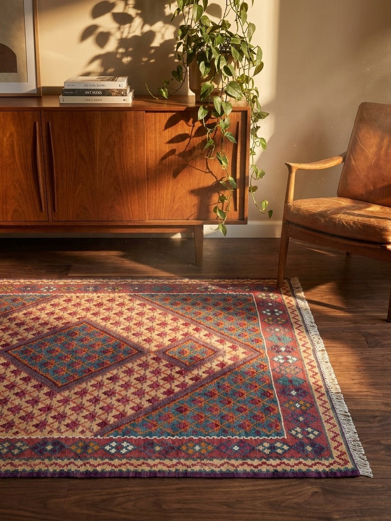 Kelim Senneh — Handmade, 107x161 cm, Beige, 100% Virgin Wool | Back view