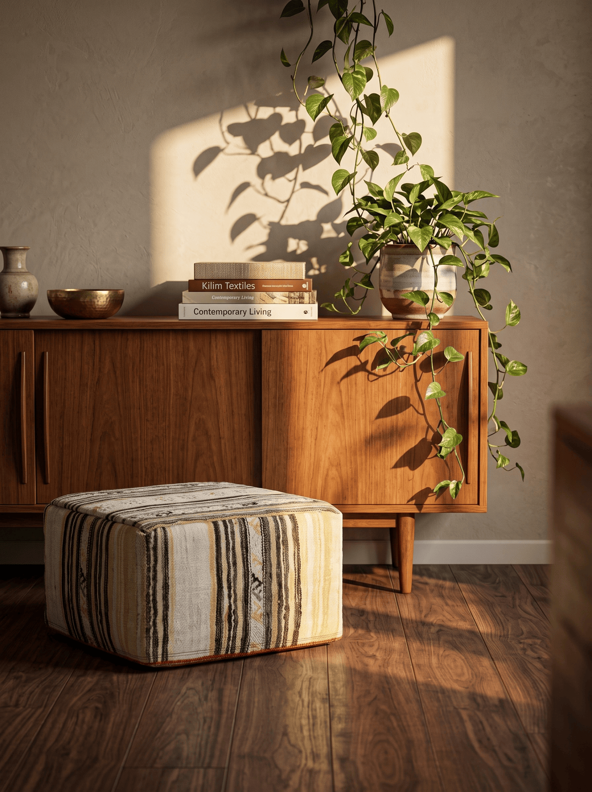 Kelim Pouf — Handmade, 65x65 cm, Multicolor, 100% Virgin Wool | Back view
