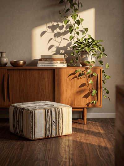 Kelim Pouf — Handmade, 65x65 cm, Multicolor, 100% Virgin Wool | Back view