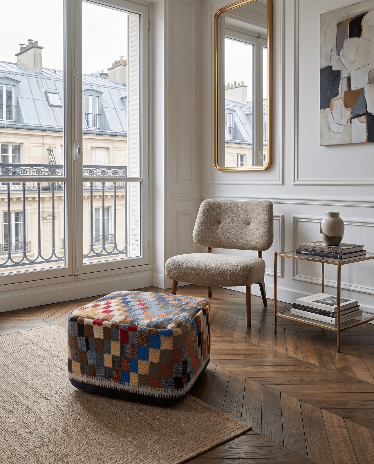 Kelim Pouf — Handmade, 65x65 cm, Multicolor, 100% Virgin Wool | Detail view