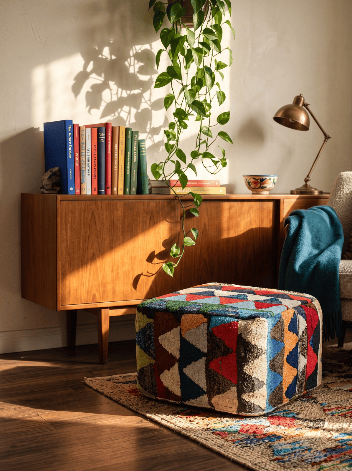 Kelim Pouf — Handmade, 55x55 cm, Multicolor, 100% Virgin Wool | Back view