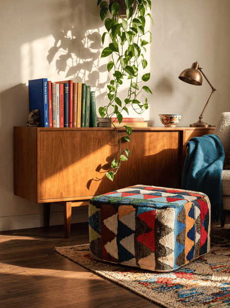 Kelim Pouf — Handmade, 55x55 cm, Multicolor, 100% Virgin Wool | Back view
