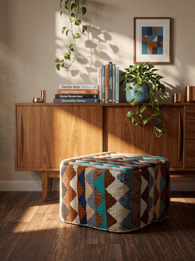Kelim Pouf — Handmade, 55x55 cm, Multicolor, 100% Virgin Wool | Back view