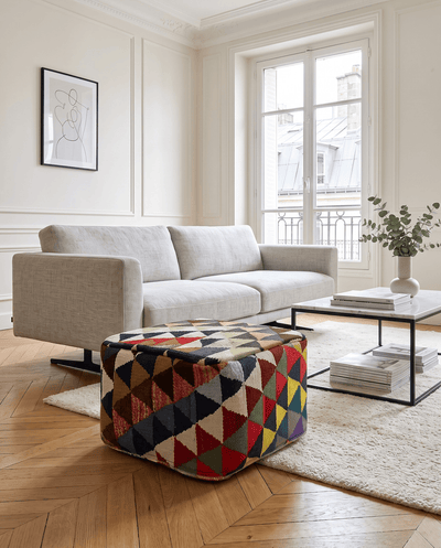Kelim Pouf — Handmade, 55x55 cm, Multicolor, 100% Virgin Wool | Detail view