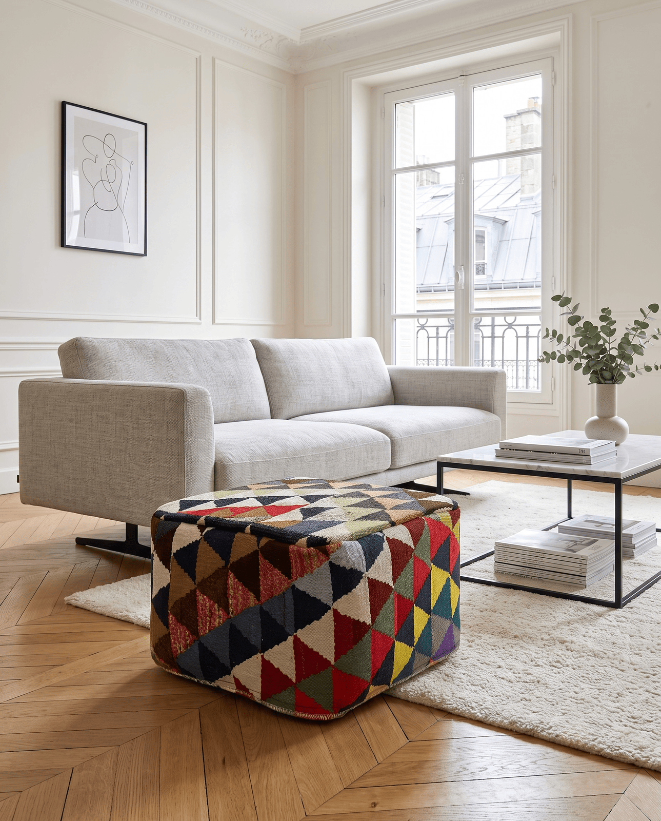 Kelim Pouf — Handmade, 55x55 cm, Multicolor, 100% Virgin Wool | Detail view