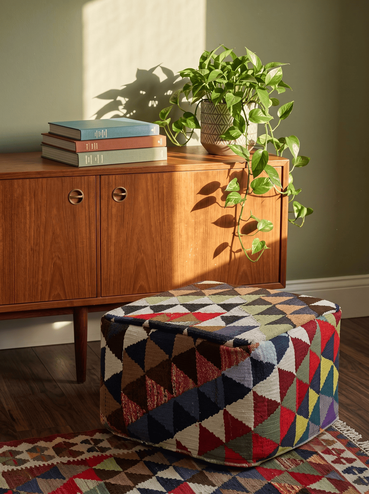 Kelim Pouf — Handmade, 55x55 cm, Multicolor, 100% Virgin Wool | Back view